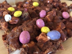 chocolate cake decorated with mini eggs