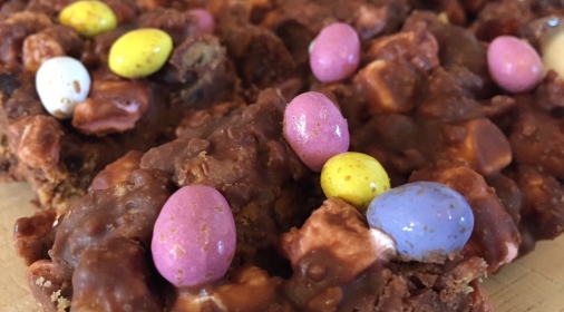 chocolate cake decorated with mini eggs