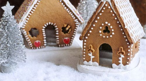 Homemade gingerbread houses with christmas decorations